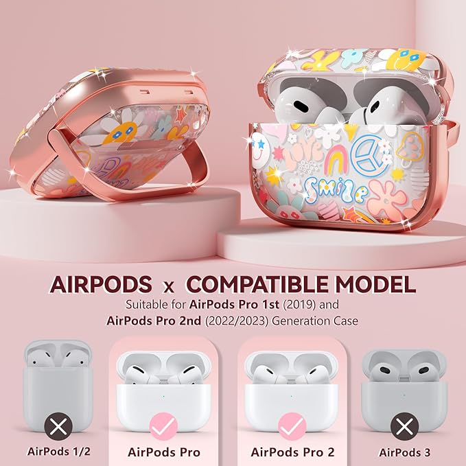 Inesore for AirPods Pro 2nd Generation Case Cover with Lock, Flowers Cute Clear Air Pods Pro 2 Case Hard iPod Pro Cases for Women Girls with Cleaner Kit (2023 USB-C /2022/2019) - Smile Doodle