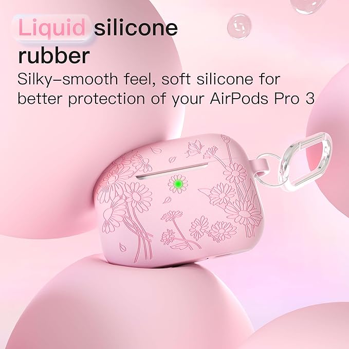 for AirPods Pro 3 Case (2025) DamonLight Daisy Floral Engraved Shockproof Protective Soft Silicone Case Cover with Cleaning Pen and Keychain for Apple Airpods Pro 3rd Generation (Pink)