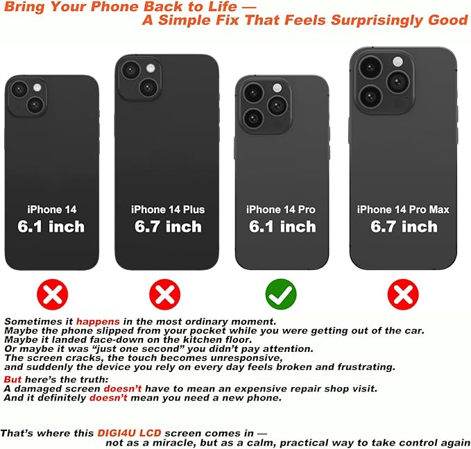 DIGI4U LCD for iPhone 14 Pro Screen Replacement, LCD Display Assembly with Clear Vision & Stable Temperature, with Repair Tools for iPhone 14 Pro(A2890, A2650, A2889, A2892)