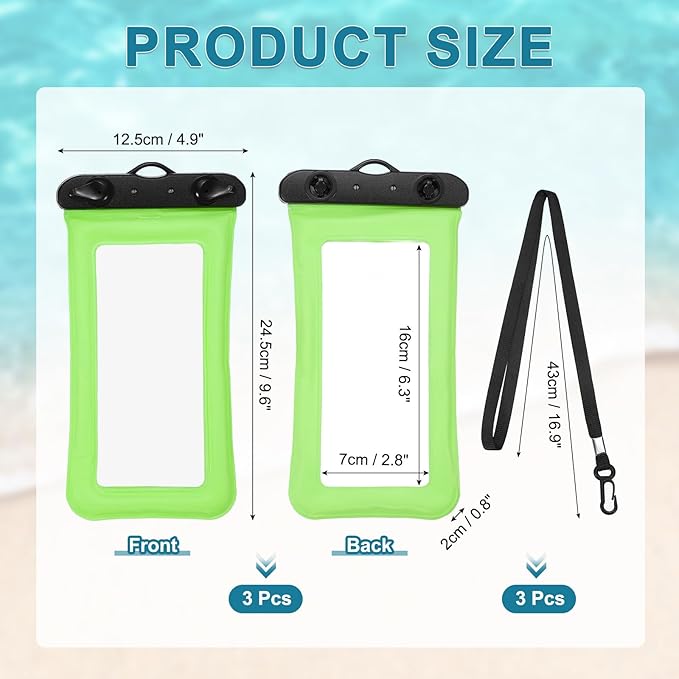 PATIKIL 3Pcs Waterproof Phone Pouch Floating No Sink Universal Cellphone Dry Bag Waterproof Phone Case for Kayaking Beach Swimming Hiking, Green