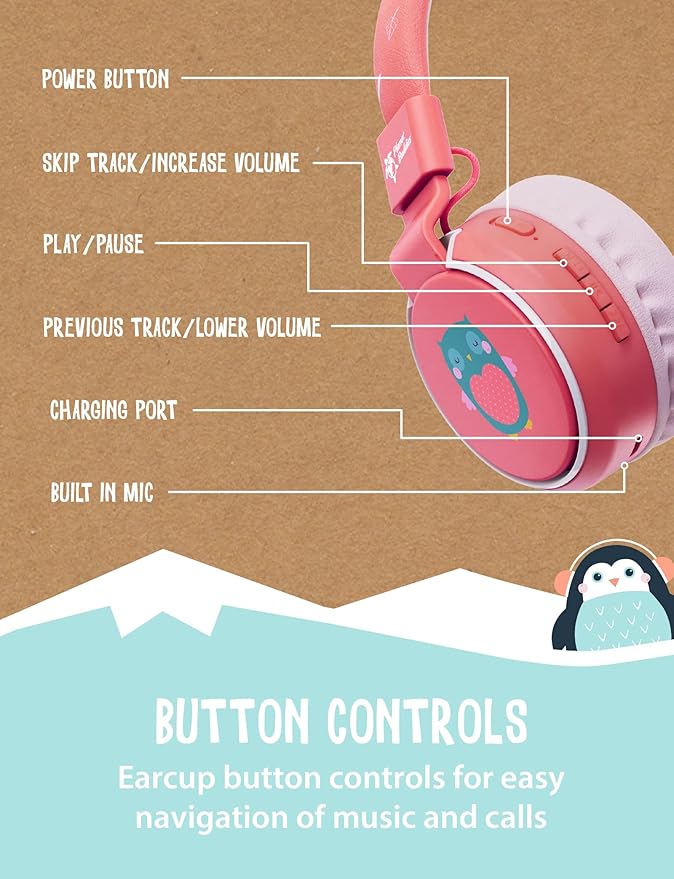 Planet Buddies Penguin Kids Headphones Wireless, On Ear Bluetooth Headphones for Kids with Microphone, 85dB Volume Limiter, Cute Foldable Earphones for Tablets and Phones, Travel, School & Music