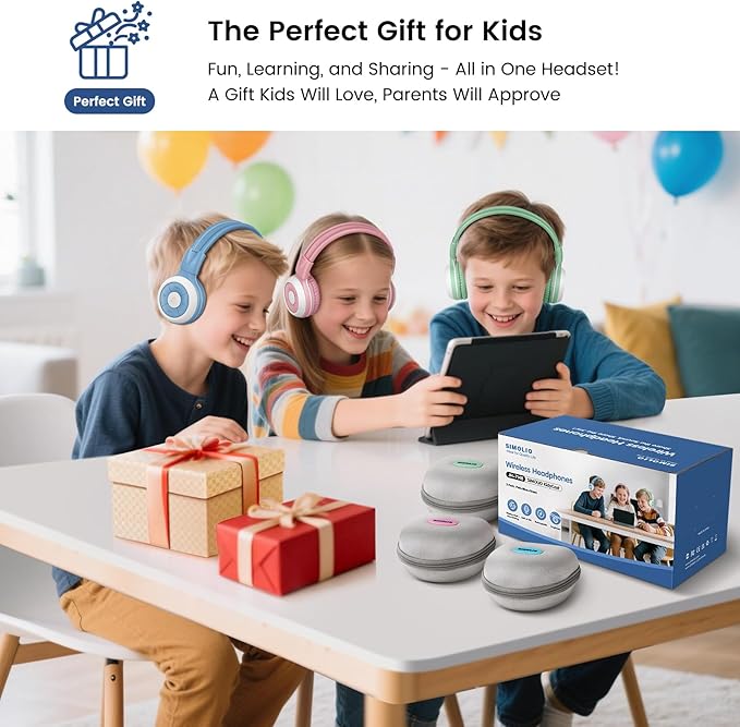 SIMOLIO Auracast Kids Headphones with Wireless Audio Sharing for Group Listening - Connect Multiple Headsets to One Bluetooth Source, Built-in Microphone, Foldable for Classroom, Trips & Home