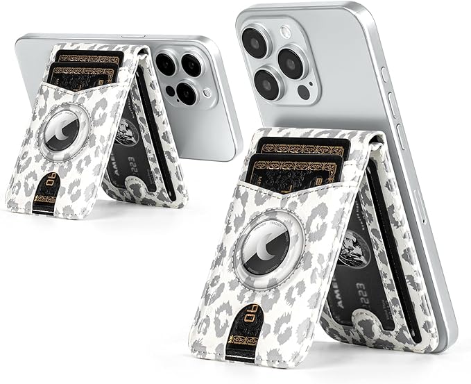 Compatible with Magsafe Case with RFID Blocking Card Holder AirTag pocket for iPhone 17/16/15/14/13/12 Pro/Pro Max/PlusSeries,Not Fit iPhone Mini,Leopard-White