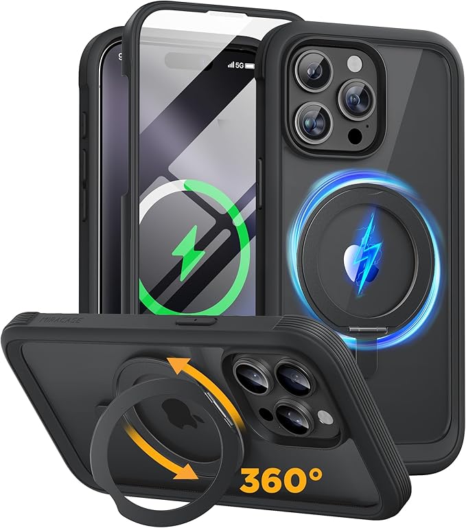 Miracase for iPhone 15 Pro Max Case with 360° Magnetic Ring Stand [Compatible with Magsafe] Full-Body Drop Proof Bumper Phone Case with Built-in 9H Tempered Glass Screen Protector,Black