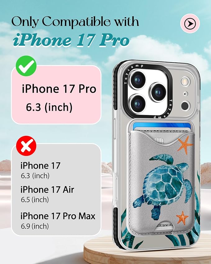 Toycamp for iPhone 17 Pro Case - Compatible with Magsafe Credit Card Holder Wallet Magnetic Cute Women Teen Girls Kawaii Girly Unique Turtle Design Phone Cover for Apple 17 Pro