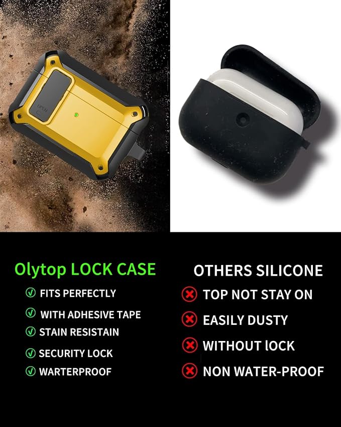 for Airpods Pro 2/1 Gen Case Cover with Lock (2019/2022/2023), Rugged Locking Case for Airpod Pro 2nd/1st Generation Shockproof Armor Protective Skin for Apple iPod Pro - Black/Yellow