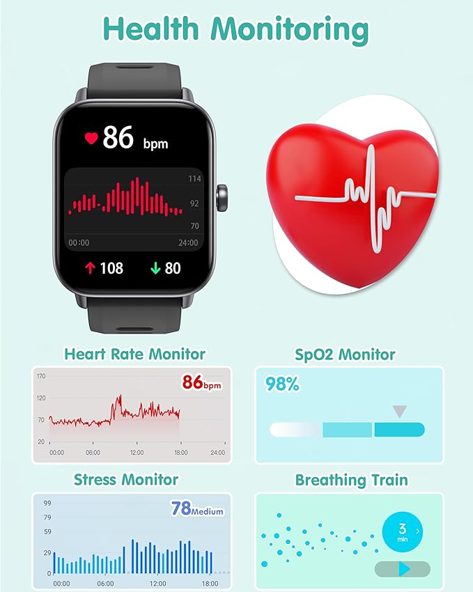 Kids Smart Watch, Kids Watch No Phone Needed Heart Rate & Sleep Tracker, Stress & SpO2 Monitor, 1.8" Fitness Tracker Step Counter, Alarm Clock, Games, Swimming Watch for Boys Girls Teens Aged 5+