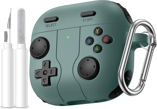 Getino Game Case for AirPods 4 2024 Cover with Cleaner Kit, Keychain, Compatible with Apple Airpods 4 Case Covers, Cute Funny Shock-Proof Protective Silicone AirPod 4 Cases for Men Boy-Pine Green
