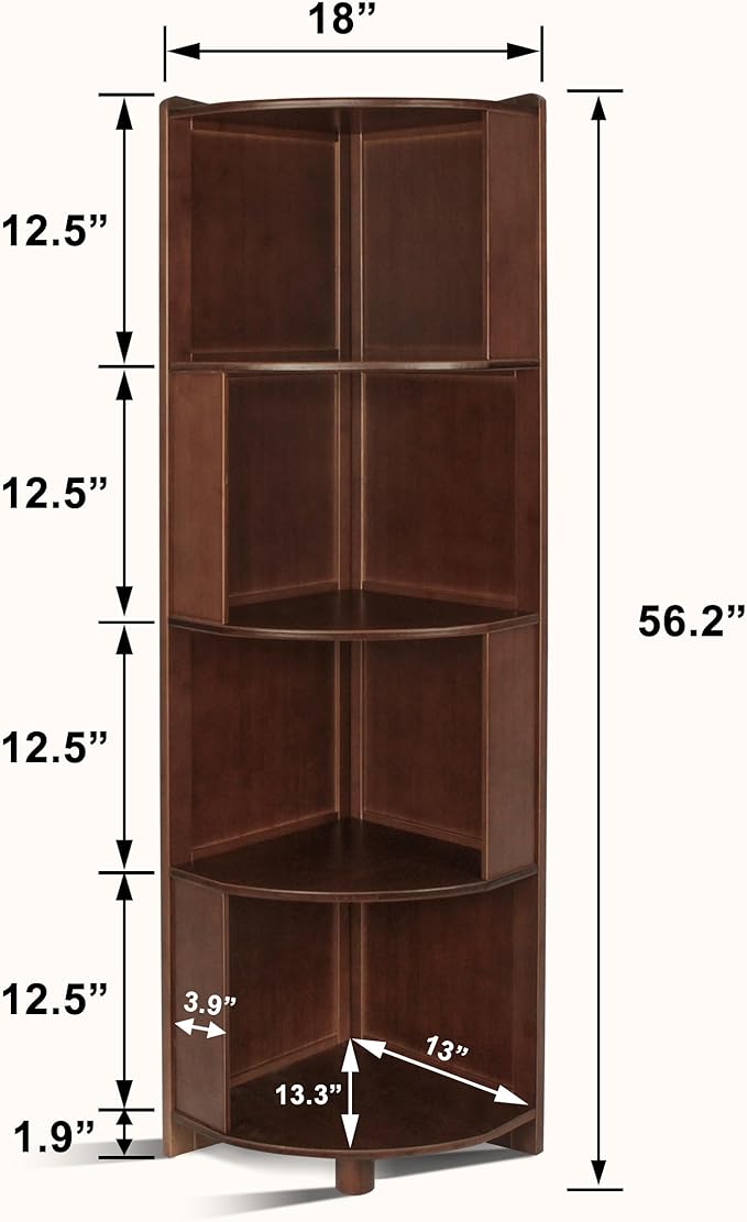 DOUSY-4 Tier Bamboo Corner Shelf, Modern Corner Bookshelf, 56.2" Tall Stylish Book Case Display Rack Plant Stand for Living Room, Bedroom, Home Office, Kitchen, Walnut