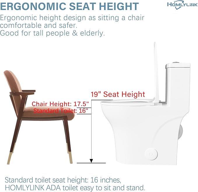 19 Inch Elongated Modern Tall Toilet for Seniors, Tornado Flush One Piece ADA High Skirted Toilet for Bathroom, Dual Flush 1.0/1.28 GPF, Comfort Bowl Heigh 18 Inch,12" Rough-in, White