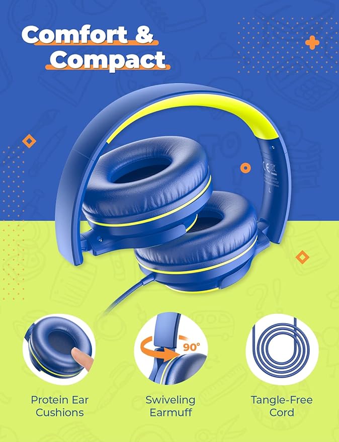 iClever 2Pack Kids Headphones with Sharing Splitter - 85dBA Safe Volume Limited - HS22 Wired Headphones for Kids Teens, Tangle-Free 3.5mm Jack Foldable Stereo Headphone for School/Tablet/Travel