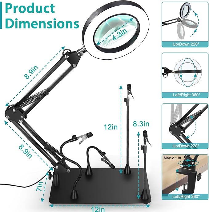 Helping Hands Soldering Station, 10X Magnifying Glass with Light and stand with 4 Magnetic Third Hand Soldering Tool, PCB Holder Magnifier Desk Lamp for Soldering Repairing Jewelry Crafts