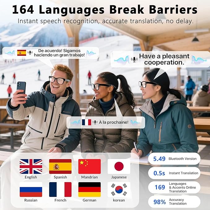 AI Translation Smart Glasses with Chat GPT for Men and Women - Real-time Translator 164 Languages, Music Playback & Hands-Free Calls for Daily Use, Travel