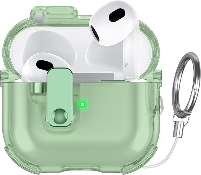 Clear Case for AirPods 3 Case Cover with [Lock Safety & Pop Up][Military Shockproof] Anti-Yellow Transparent Soft TPU Wireless Charging for AirPods 3 Generation Case with Keychain, Clear Green