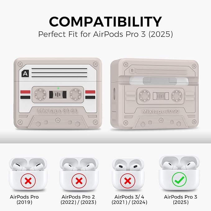 for AirPods Pro 3 Case - 2025 Retro Silicone Mixtape Design Case for Apple AirPods Pro 3rd Generation, Cute Cassette Airpod pro 3 Case Cover for Men/Women (Old Grey)