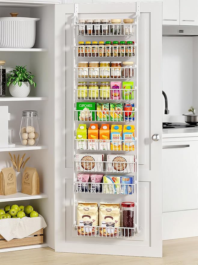 Delamu Over The Door Pantry Organizer, 9-Tier Pantry Door Organizers and Storage with Adjustable Basket, Metal Hanging Spice Rack, Seasoning Organizer, Door Organizer for Home Kitchen Bathroom, White