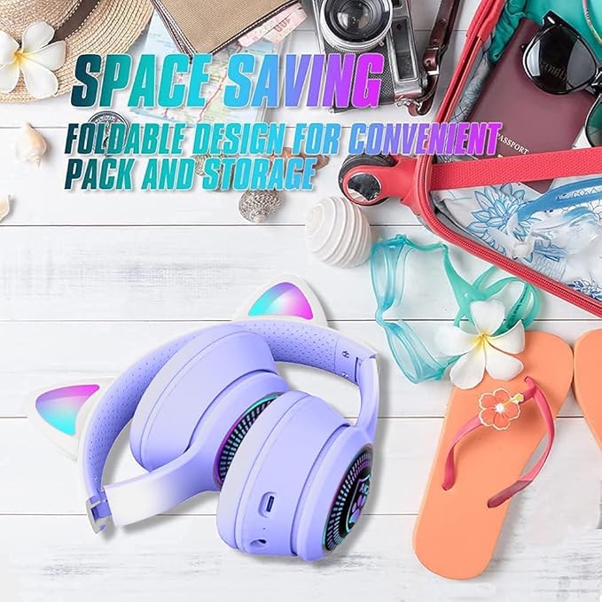 Cat Ear Gaming Bluetooth 5.3 Wireless Foldable Headphones with LED Light, Game Surround Sound Over-Ear Headsets with Microphone AUX for PC, Pad, Mobile, Laptop, Kids, Gift