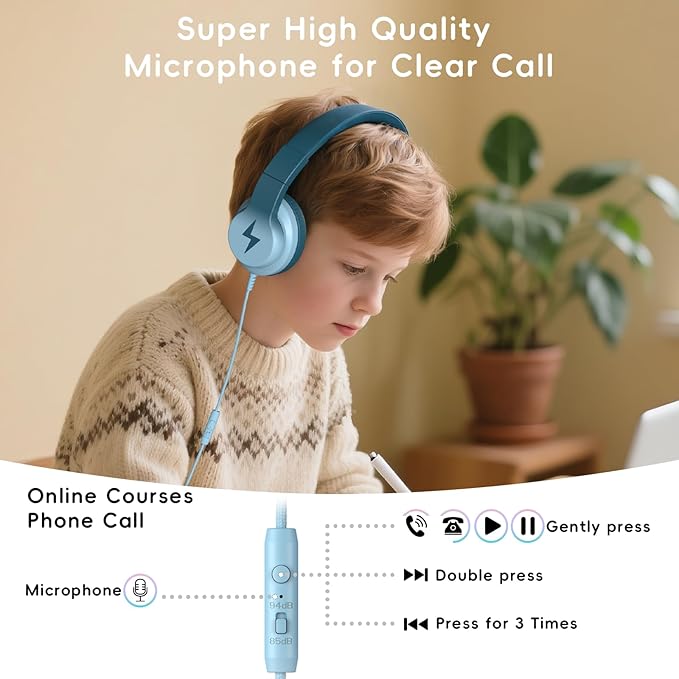 Kids Headphones, Wired Headphones for Kids Over Ear with Microphone, 85/94dB Volume Limiter Headphone for Girls Boys, Foldable Headphone for Learning & Entertainment, Gradient Green