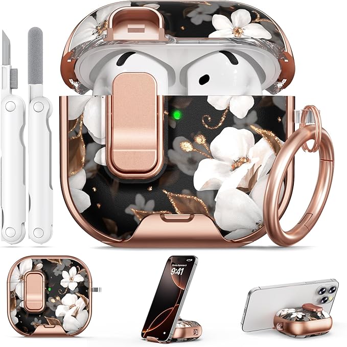 for AirPods 4 Case, with Safty Lock & Phone Stand for Floral AirPods 4th Generation Case Cover for Women Girly, iPod 4 Case with Keychain & Cleaner Kit - Black Gold Flower