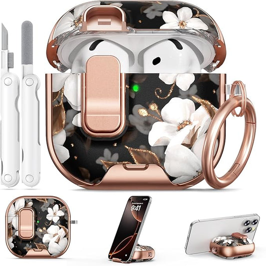 for AirPods 4 Case, with Safty Lock & Phone Stand for Floral AirPods 4th Generation Case Cover for Women Girly, iPod 4 Case with Keychain & Cleaner Kit - Black Gold Flower