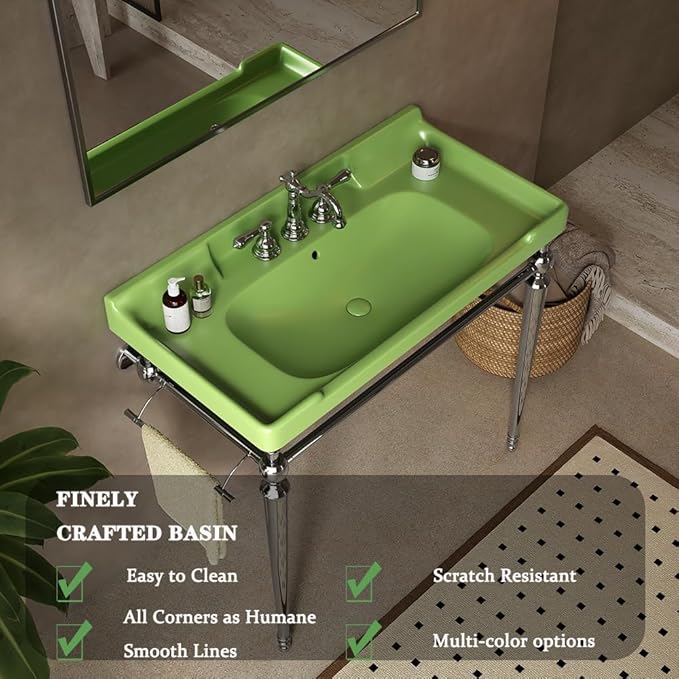 36" Bathroom Console Sink, Wall-Mounted Green Ceramic Vanity Basin with 3 Pre-drilled Faucet Holes, Freestanding Chrome Stainless Steel Support Legs with Towel Bar, No Faucet - Rome, Green