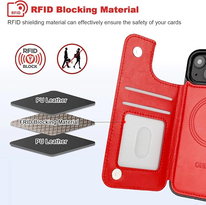 ONETOP Compatible with Magsafe for iPhone 13 Wallet Case with Card Holder, PU Leather Kickstand RFID Blocking Case, Double Magnetic Clasp and Durable Shockproof Cover 6.1 Inch (Red)