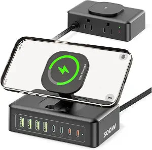 300W USB Charging Station, 11-in-1 USB C Power Strip Surge Protector, 2AC Outlets & 8USB Ports, 5ft Flat Plug Extension Cord with Multiple Devices, Desktop Charger for Home Office Desk Accessories