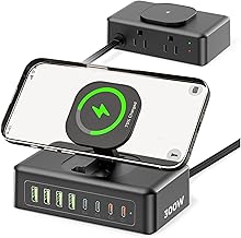 300W USB Charging Station, 11-in-1 USB C Power Strip Surge Protector, 2AC Outlets & 8USB Ports, 5ft Flat Plug Extension Cord with Multiple Devices, Desktop Charger for Home Office Desk Accessories