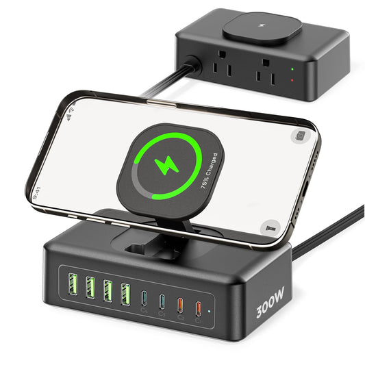 300W USB Charging Station, 11-in-1 USB C Power Strip Surge Protector, 2AC Outlets & 8USB Ports, 5ft Flat Plug Extension Cord with Multiple Devices, Desktop Charger for Home Office Desk Accessories