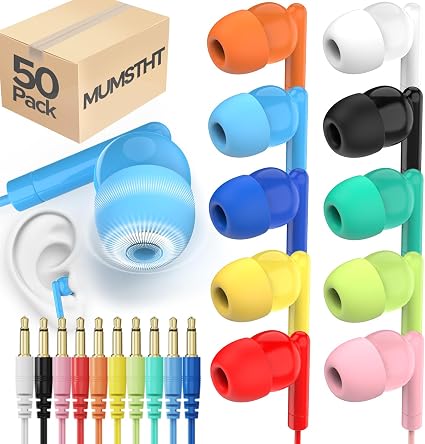 50 Pack Bulk Earbuds for Classroom,Student Basic Headphones in Ear for Kids Schools Libraries Laptop,3.5 MM Earbuds Dot Headphones,Individually Bagged(YS103 Mixed Colors)