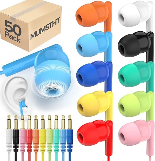 50 Pack Bulk Earbuds for Classroom,Student Basic Headphones in Ear for Kids Schools Libraries Laptop,3.5 MM Earbuds Dot Headphones,Individually Bagged(YS103 Mixed Colors)