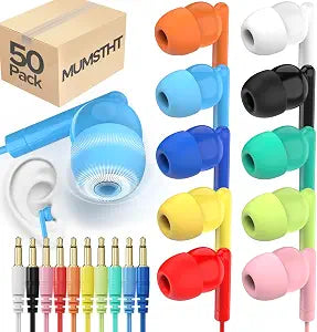 50 Pack Bulk Earbuds for Classroom,Student Basic Headphones in Ear for Kids Schools Libraries Laptop,3.5 MM Earbuds Dot Headphones,Individually Bagged(YS103 Mixed Colors)