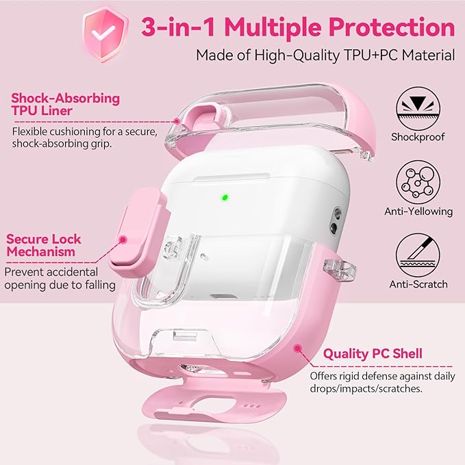 for AirPods Pro 3 Case 2025, with Keychain & Cleaner Kit, Soft TPU Cover for AirPods 3rd Generation Case with Safety Lock & Phone Stand, iPod Pro 3 Case Clear Cute Funny for Women Girls - Pink