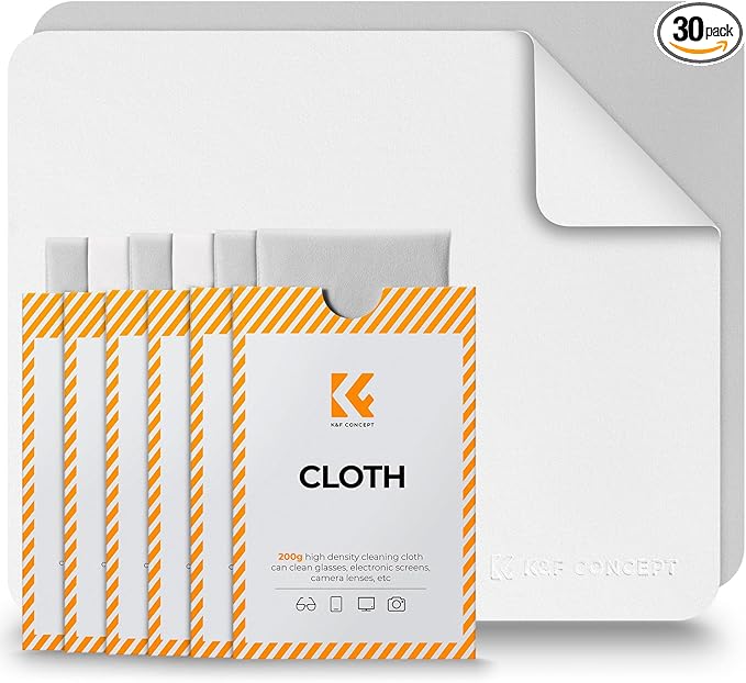 K&F Concept 30 Pack Lens Cleaning Cloth | Microfiber Cleaning Cloth | Glasses Cleaning Cloths | Eyeglass Lens Cleaner | Eyeglasses, Camera Lens, VR/AR Headset, and Screen Cleaning | White & Grey
