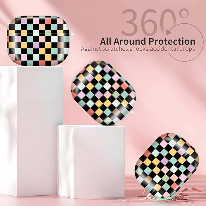 Compatible with AirPods Pro 3rd Generation 2025 Case Cover with Gold Keychain - Cute Protective Hard AirPod Pro 3 Cases for Women - Colorful Checkered