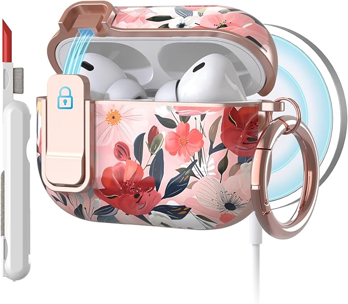 TATOFY for AirPods Pro 3rd (2025) Generation Case with Lock Carabiner Cleaner, Slim AirPod Pro 3 Hard Case Cover, Compatible with MagSafe (Water Pink)