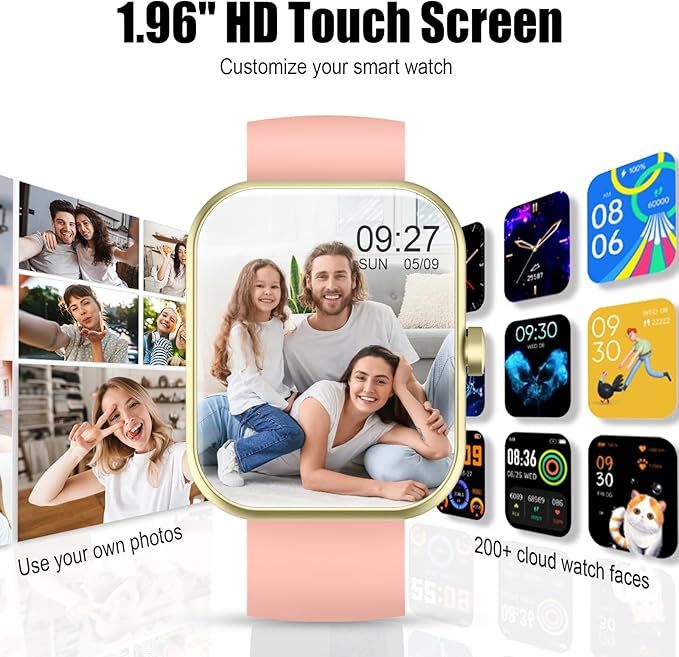 2026 Smart Watch for Men Women (Answer/Make Call), 1.96" HD Fitness Tracker Running Watch,IP68 Waterproof,Pedometer, Sleep/Step/Activity/Heart Rate Monitor,110+ Sport Mode Smartwatch for Android,Pink