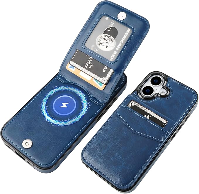 KIHUWEY for iPhone 17 Case Wallet Compatible with MagSafe Wireless Charging, Credit Card Holder, RFID Flip Leather Magnetic Clasp Kickstand Heavy Duty Protective Cover 6.3 Inch (Blue)