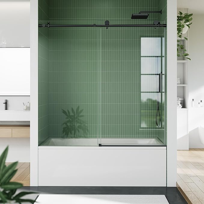 Frameless Bathtub Shower Door 56–60 inch W x 59 inch H,Shower Door Glass Sliding 60 Inches,6mm Tempered Glass, Stainless Steel,Sliding Glass Shower Door with Fixed Panel,Sliding Tub Door for Bathroom