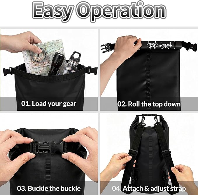 kullder Waterproof Dry Bag 10L, Roll Top Closure Black Water Proof Backpack, Heavy Duty Hunting Backpack, Durable Floating Dry Bag for Kayaking Boating Hiking with 7" Black IPX8 Waterproof Phone Case