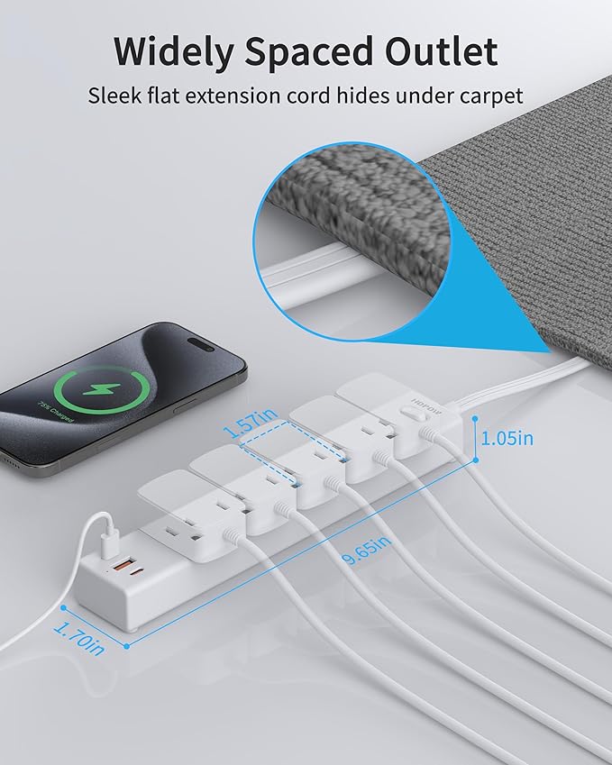 Power Strip Surge Protector, 2 Pack, 6 Ft Ultra Thin Flat Extension Cord, Surge Protector with 5 Outlets & 3 USB Ports (2 USB C), 1700 Joules, 3-Prong, Wall Mount for Home Office Dorm, White
