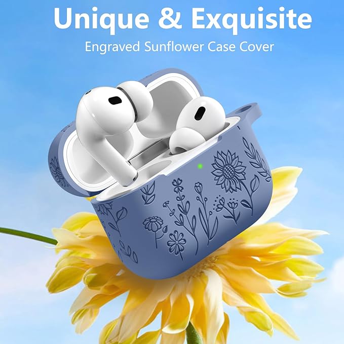 Hamile for AirPods Pro 2nd Generation Case with Cleaner Kit & Keychain, Cute Flower Engraved Soft Silicone Protective AirPods Pro Case Cover for Apple AirPods Pro Case 2nd/1st Generation, Blue Gray