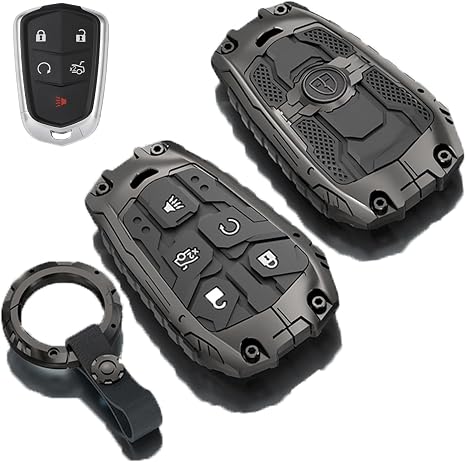 Heavy Metal Key Fob Cover Case for Cadillac CTS SRX XT5 ATS STS CT6 Smart Remote Key fob Cover Accessories(A-Model-Black)