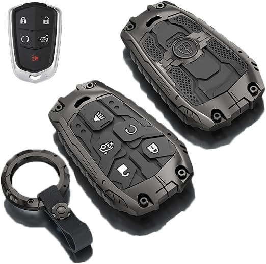 Heavy Metal Key Fob Cover Case for Cadillac CTS SRX XT5 ATS STS CT6 Smart Remote Key fob Cover Accessories(A-Model-Black)