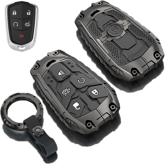 Heavy Metal Key Fob Cover Case for Cadillac CTS SRX XT5 ATS STS CT6 Smart Remote Key fob Cover Accessories(A-Model-Black)