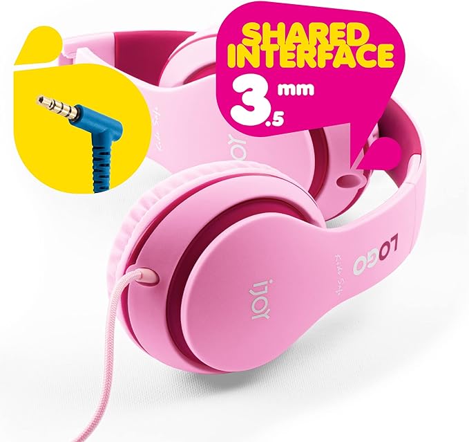 iJoy Premium Headphones with Microphone for Kids Kid Safe Over-Ear Headphones with Hearing Protection for Boys & Girls- Kid’s Adjustable Headset with Mic for School, Music- Blue (Pink)