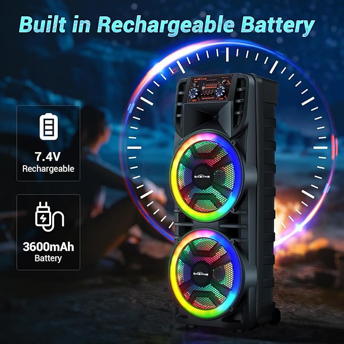 Wireless Bluetooth Party Speaker with Dual 12 Inches Woofers, Portable Karaoke Speaker System, Microphone & Remote, RGB LED Lights, Karaoke Machine with Bass, AUX/USB/TF/TWS/Echo, FM Radio