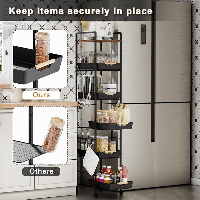 6 Tier Storage Cart with Pull-Out Baskets Rolling Storage Cart with Wheels Wood Top Organizer Rolling Utility Cart for Pantry Laundry Room Bathroom Kitchen Black 14.5”D x 13”W x 64.1”H