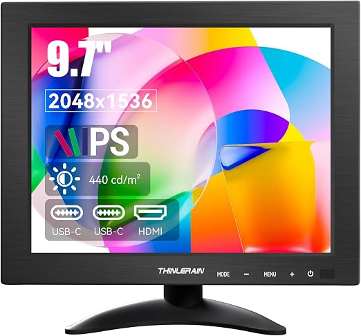 9.7 Inch Small Monitor 2048x1536 IPS Display, 4:3 Second Screen, 440 Nit Brightness, Dual USB-C & HDMI, Built-in Speakers, VESA Mountable, External Monitor for Laptop PC Phone RasPi