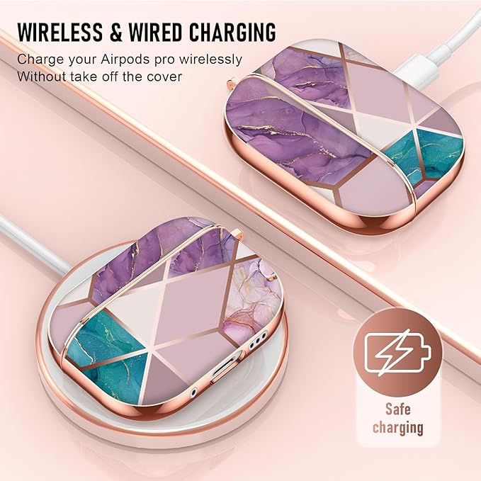 Maxjoy for AirPods Pro Case, Graceful Marble Hard Protective Shockproof AirPod Case Cover with Keychain, Purple Blue